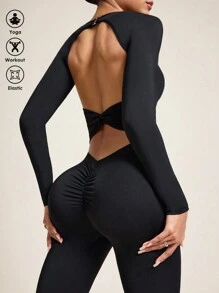 Slayform Solid Color Backless Fitted Seamless Sports Jumpsuit - Black - View 3