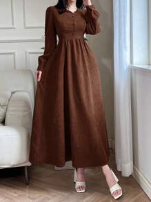 Mulvari Women Plain Front Button Long Sleeve Simple Casual Long Dress - Rust Brown - View 3