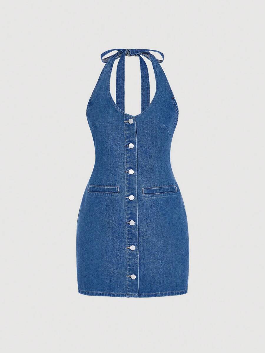 SHEIN MOD Women's Denim Mini Bodycon Slip Dress, Sexy Halter Neck, Blue ...
