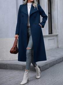 Pariaura Solid Color Large Lapel Double-Breasted Overcoat Fall Winter Cloth For Women - Navy Blue - View 4