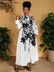 Slaydiva Vestido elegante de talla grande para mujer con estampado floral, cuello con volantes y mangas farol