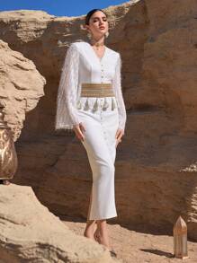 Al Najma 女式拼布喇叭袖流苏腰部设计优雅阿拉伯风格连衣裙