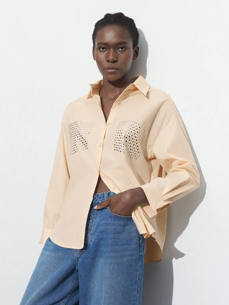 SHEIN Maija Blouse simple pour femmes printemps été, avec poches accent strass abricot, style casual et mode