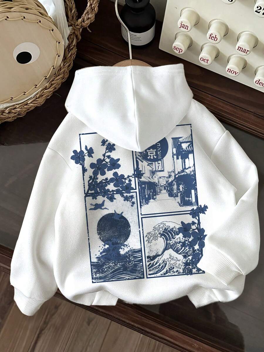 SHEIN Teenage Boys Casual Vintage Floral Pattern Long Sleeve Hoodie Sweatshirt, Suitable For Autumn Wear - Back Of Clothes