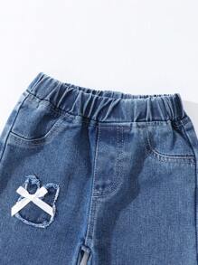 SHEIN Baby Girl Cute Rabbit Embroidered Bow Denim Wide Leg Pants - Medium Wash - View 5