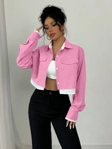 SHEIN Unity 新款女式梭织长袖撞色设计仿面料撞色小细节开前口袋带袖开叉短衬衫，时尚通勤商务办公衬衫，休闲宽松舒适秋冬优雅都市 - 粉色 - 查看 1