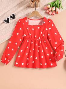 SHEIN Áo babydoll tay dài cổ vuông in hình trái tim màu đỏ thanh lịch dành cho bé gái tuổi teen, kiểu dáng gia đình (2 chiếc bán riêng lẻ) - Đỏ - Xem 3