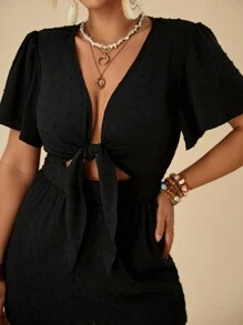Travachic Talla grande mono de jacquard con cintura delantera hueca y lazo - Negro - Ver 5