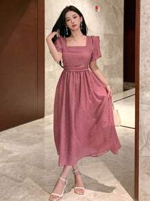 DAZY Women's Solid Color Square Neck Short Sleeve Pleated Casual Midi Dress Prom Dress