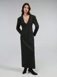 Ontre Women's 2025 New Black & White Striped Spring Dress, Fashionable Commuter & Business Attire With Oversized Shoulder Design - Black and White - View 5