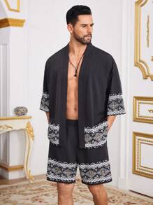 Manfinity Homme Set de 2 piezas para hombre de camisa abierta con estampado geométrico y pantalones cortos sueltos