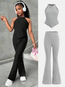 Bộ 2 chiếc áo ba lỗ viền bất đối xứng và quần ống loe cho bé gái tuổi teen, màu đen và xám - Nhiều màu - Xem 1