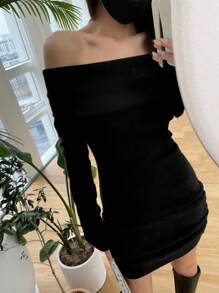 DAZY Vestido mini de mujer de unicolor ajustado con hombros descubiertos, negro, para primavera/verano/otoño, ropa de mujer