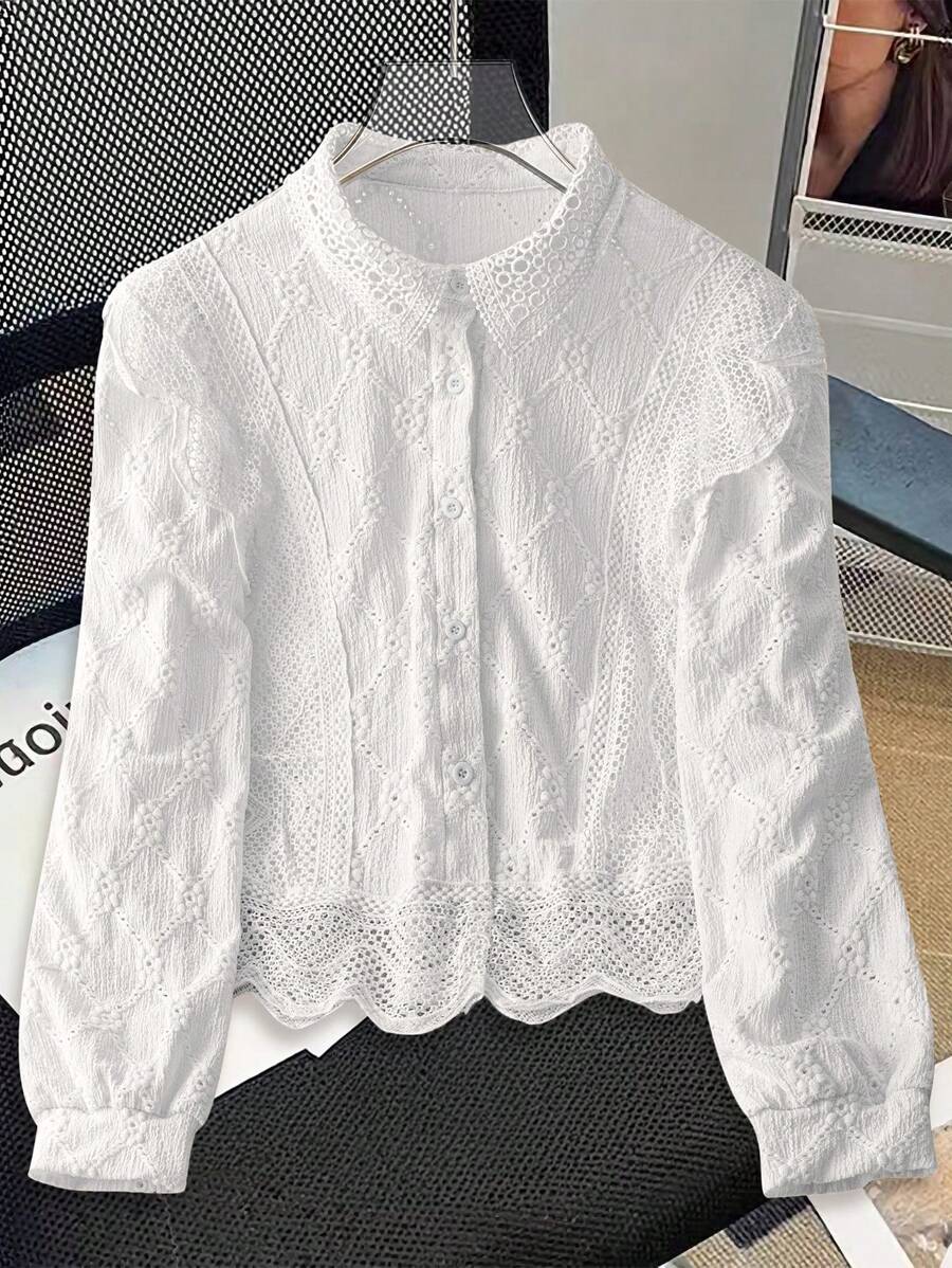 Chiquease 女式纯色前扣长袖休闲办公室简约衬衫 - 白色 - 查看 1