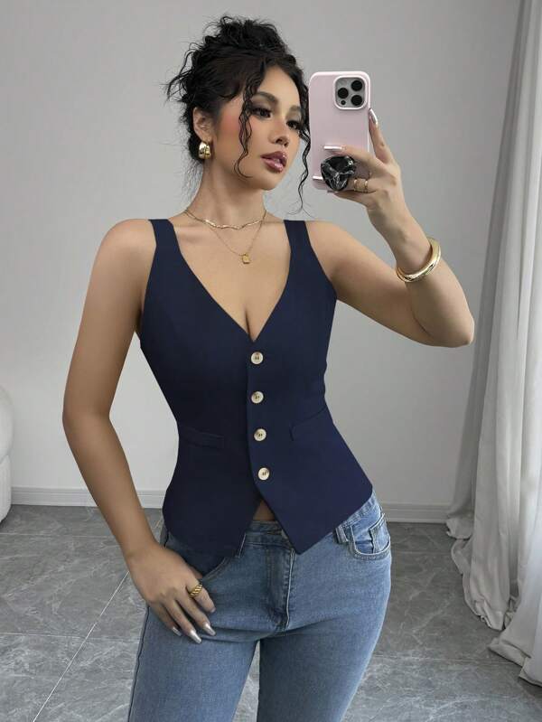 Elenzga Women Single Breasted V-Neck Casual Tank Top
