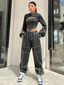 Coolane 2pcs/Set Women Hoodie Top & Pants Set, Solid Color