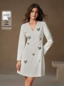 Anewsta V-Neck White Luxury French Style Rhinestone Heart Decor Long Sleeve A-Line Mini Dress, Fitted & Flattering, Short Cocktail Party Dress