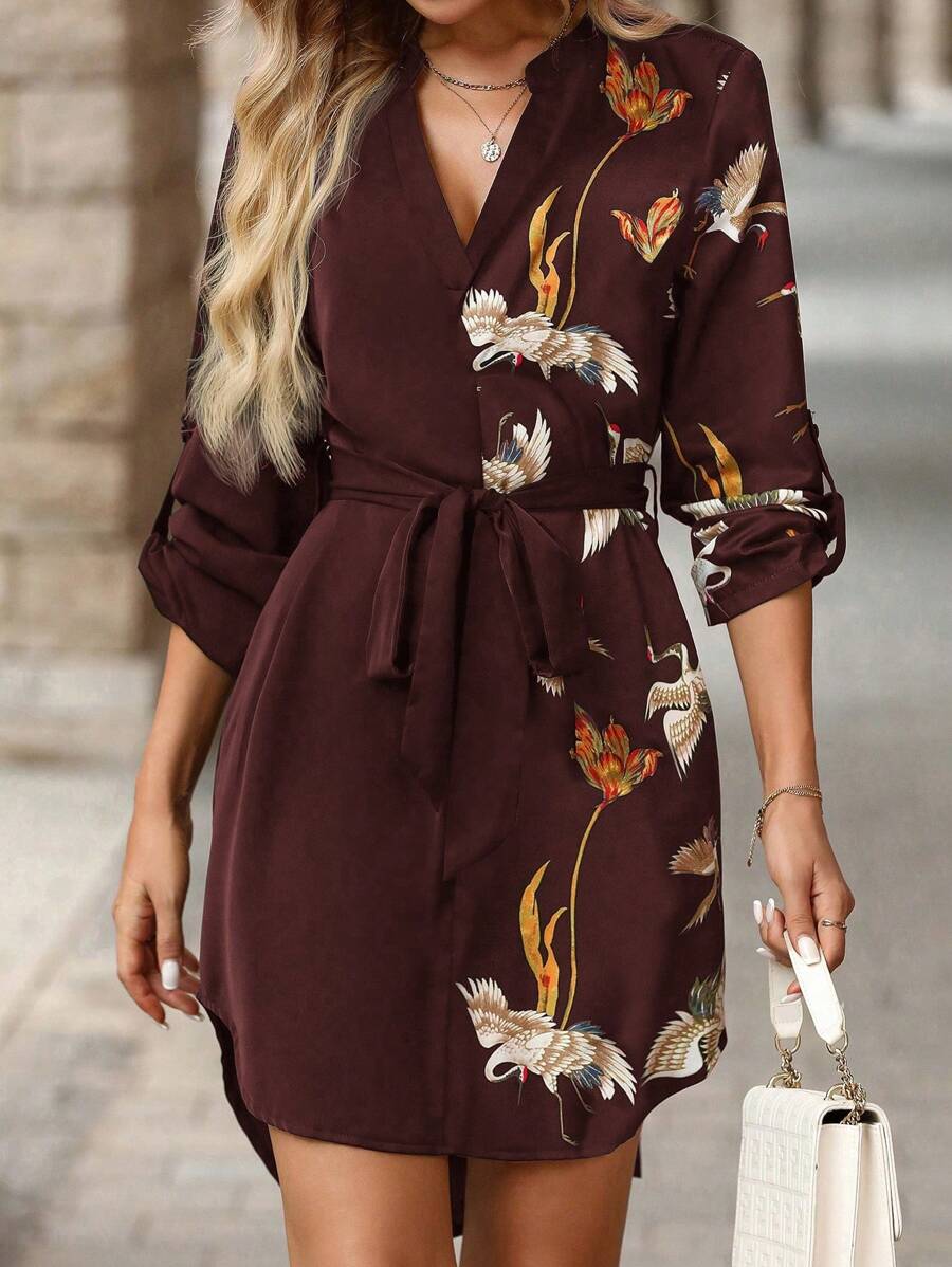 Solivie Women's Color Contrast Print Patchwork Waist Belt Midi Dress - Burgundy - View 1