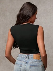 SHEIN BAE Tank Top Wanita Kasual Warna Polos dengan Hem Asimetris Berkerut, Musim Panas - Hitam - View 3