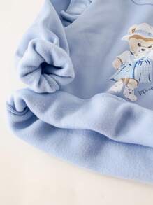 PrepCrw Young Girls Casual Bear Pattern Ribbed Crew Neck Sweatshirt With Ruffle Sleeves, Blue, Autumn/Winter - Blue - View 4