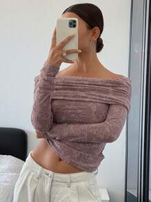 Livesso Plain Texture Off Shoulder Long Sleeve Cropped Women Shirt,Fall Clothes - Mauve Purple - View 5