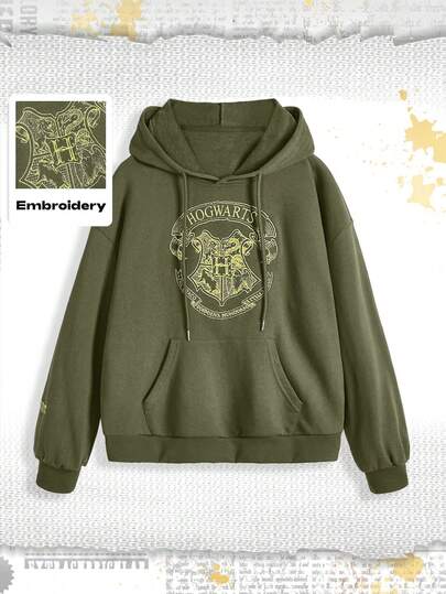 Harry Potter | ROMWE Felpa con cappuccio oversize ricamata, verde