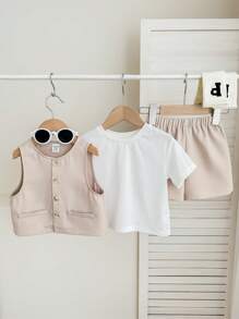 SHEIN Bộ 3 áo thun cổ tròn tay ngắn màu mơ cho bé trai/bé gái, áo ba lỗ không tay và quần short cạp chun, phong cách Hàn Quốc thường ngày, thích hợp cho tiệc sinh nhật, lễ rửa tội, lễ kỷ niệm sinh nhật lần thứ 1, tiệc tối, biểu diễn, đám cưới và các dịp khác - Màu Khaki - Xem 2