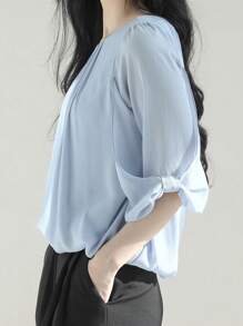 DAZY Women's Round Neck Bowknot Loose Short Sleeve Blouse - Grey - View 3