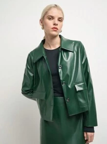 BizChic 2pcs Green Leather Jacket And Skirt Suit Set, For Christmas Date/Party - Green - View 4