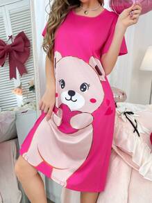 Women's Cute Cartoon Bear Heart Print Nightgown