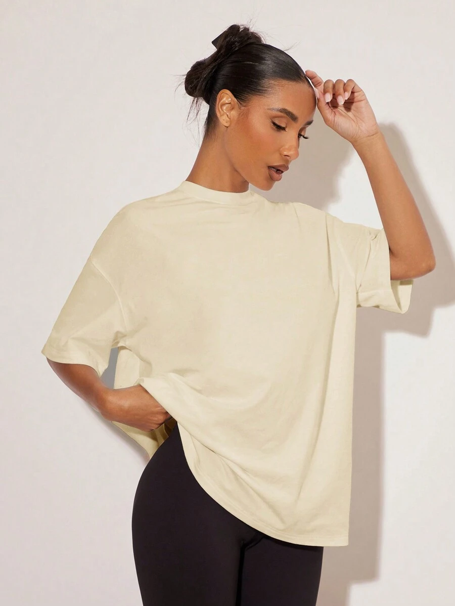 SHEIN BASICS 女士纯色圆领短袖休闲 T 恤,适合日常穿着 - 杏色 - 查看 1