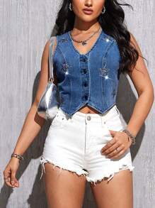 SHEIN SXY Women's Sequin Five-Pointed Star Single-Breasted Casual Denim Vest Jacket - Medium Wash - View 3