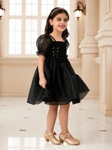 SHEIN Glamorique Kids Young Girl Solid Color Mesh Panel Short Sleeve Casual Dress