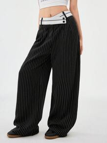 SHEIN Teen Girl Spring/Summer Streetwear/Break Basic Color Block Striped Wide Leg Pants, Parent-Child - Black - View 4