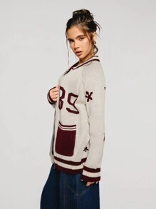 Athîral Women's Casual Letter Stripe Raglan Sleeve Cardigan, Autumn/Winter