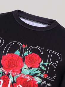 Wildeya Conjunto de 2 piezas para niña preadolescente: Camiseta de manga corta negra con estampado de rosa y letra, combinada con falda mini plisada roja. Elegante y encantador, apto para la escuela, salidas y festivales musicales, para todo el año.