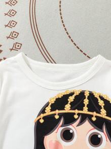 SHEIN 女婴短袖图案 T 恤，柔软舒适的开斋节主题印花圆领上衣，适合户外活动、开斋节庆祝活动和摄影 - 白色 - 查看 7
