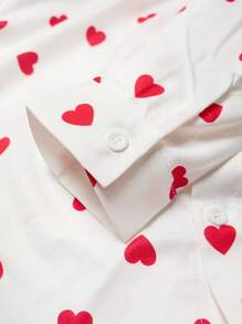 SHEIN 2pcs Women Outfit Set For Spring & Autumn, Shirt & Asymmetrical Bow-Tied Skirt, Heart Graphic Print, Red Skirt Set, Digital Print Heart Pattern Shirt, Stylish Design, Matching Family & Mother-Daughter - Multicolor - View 5