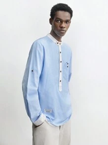Maija Men's Blue And White Casual Shirt, 2025 Spring Autumn Long Sleeve Contrast Turnup Cuff Button Half Placket Versatile For Vacation, Daily - Blue - View 6