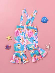 SHEIN Baby Girls Casual Versatile Cute Cartoon Fish & Letter Print Overalls Flared Pants, Suitable For Outdoor, Zoo, Photos, Spring/Summer - Multicolor - View 1