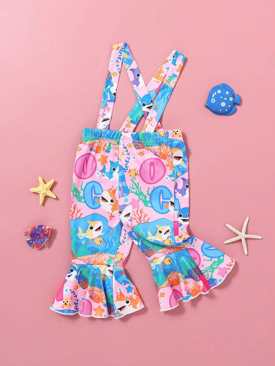SHEIN Baby Girls Casual Versatile Cute Cartoon Fish & Letter Print Overalls Flared Pants, Suitable For Outdoor, Zoo, Photos, Spring/Summer - Multicolor - View 1