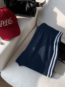 Comfortcana Pantalones cortos deportivos de verano casuales y vintage con rayas azules en los laterales para mujer