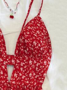 Soleia Vestido casual de vacaciones con tirantes finos, escote en V y espalda descubierta, con lindo estampado floral rojo en fondo blanco