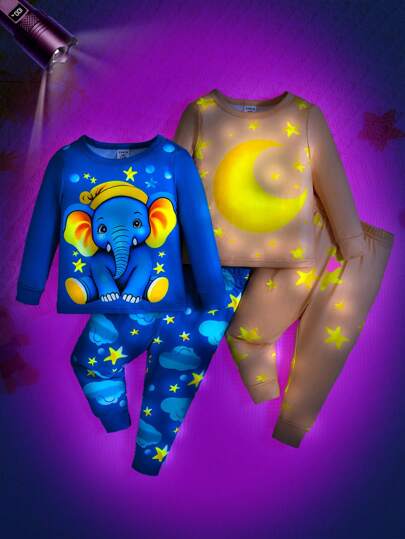 2 件装新生男童紧身夜光大象和月亮印花长袖上衣和长裤睡衣套装，舒适家居服