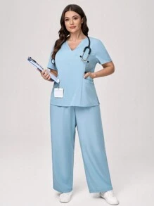 TaskEZ Plus Size Solid Color Short Sleeve Top & Pants Scrub Uniform Set - Green - View 3