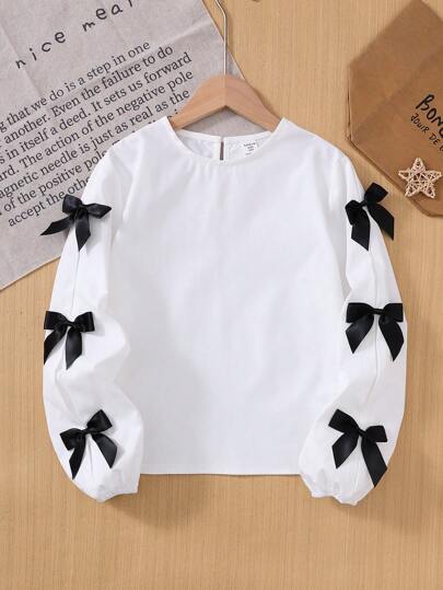 Tween Girl Loose Fit Casual Rund Neck Chic Bow Decor Långärmad blus