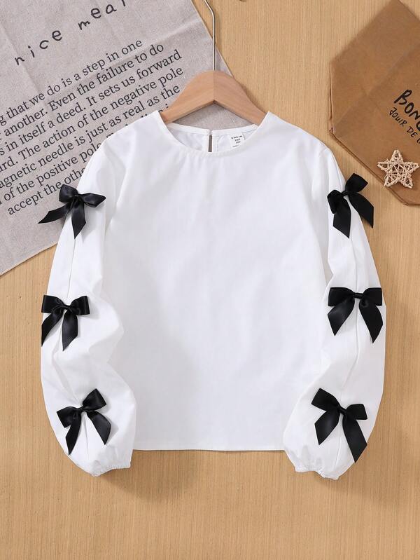 Tween Girl Loose Fit Casual Round Neck Chic Bow Decor Long Sleeve Blouse