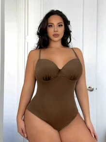SHEIN SXY 大尺碼女款素色百褶休閒百搭日常外出細肩帶連身衣 - 棕色 - 查看 6