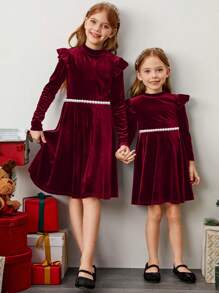 SHEIN Leap Crew Vestido Veludo Liso Menina Babado Acabamento Tricô Veludo Estilo A, Vestido Longo Manga Elegante Estilo Bolo, Ótimo para Uso Casual & Diário & Escola no Outono & Inverno, para Natal ,Férias, Combinando Mãe e Filha , Cor Verde,para Natal,Uso em Festas ,Vestido de Aniversário,Vestido de Princesa. - Vinho - Visão 6