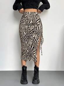 SHEIN Tall CURVE Plus Size Women Music Festival Outfits Zebra Print Side Drawstring Slit Hem Skirt